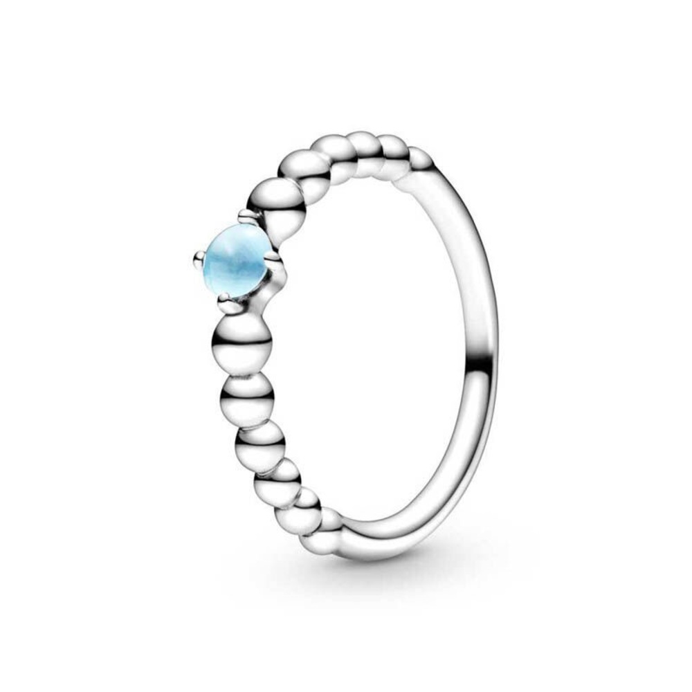 Silver Beaded Pandora Ring with Blue Stone